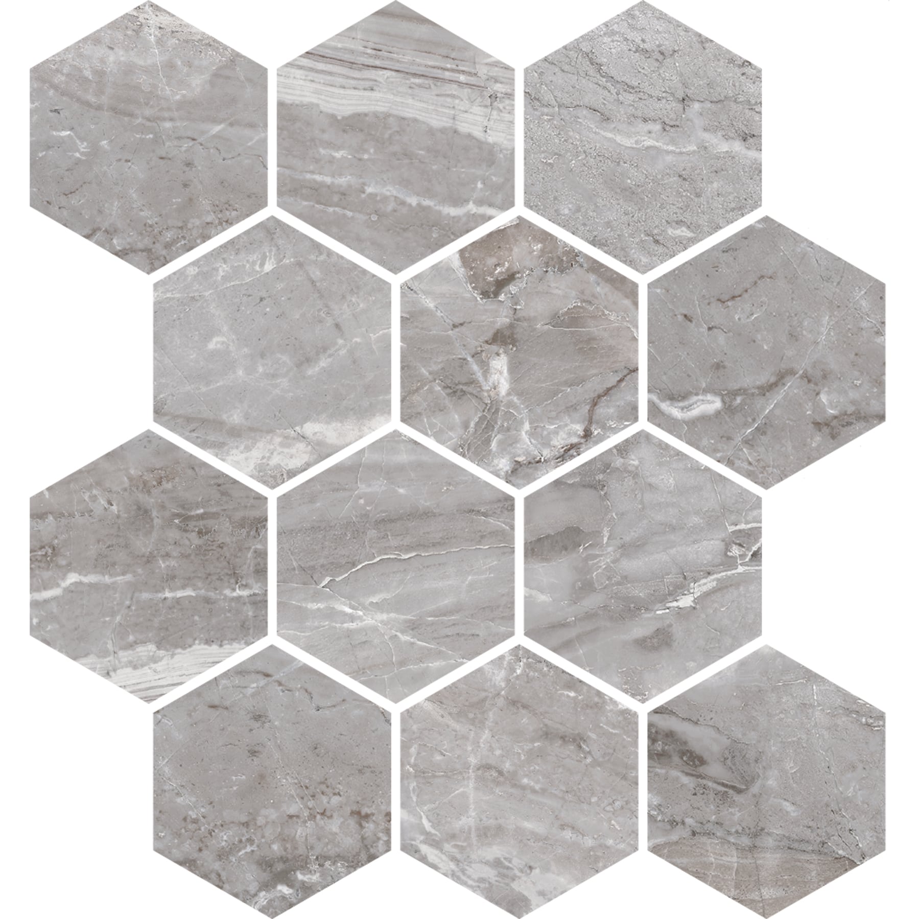 Marbles 3x3 Polished Porcelain Hexagon Mesh Mosaic Tile in Oniciata Grey