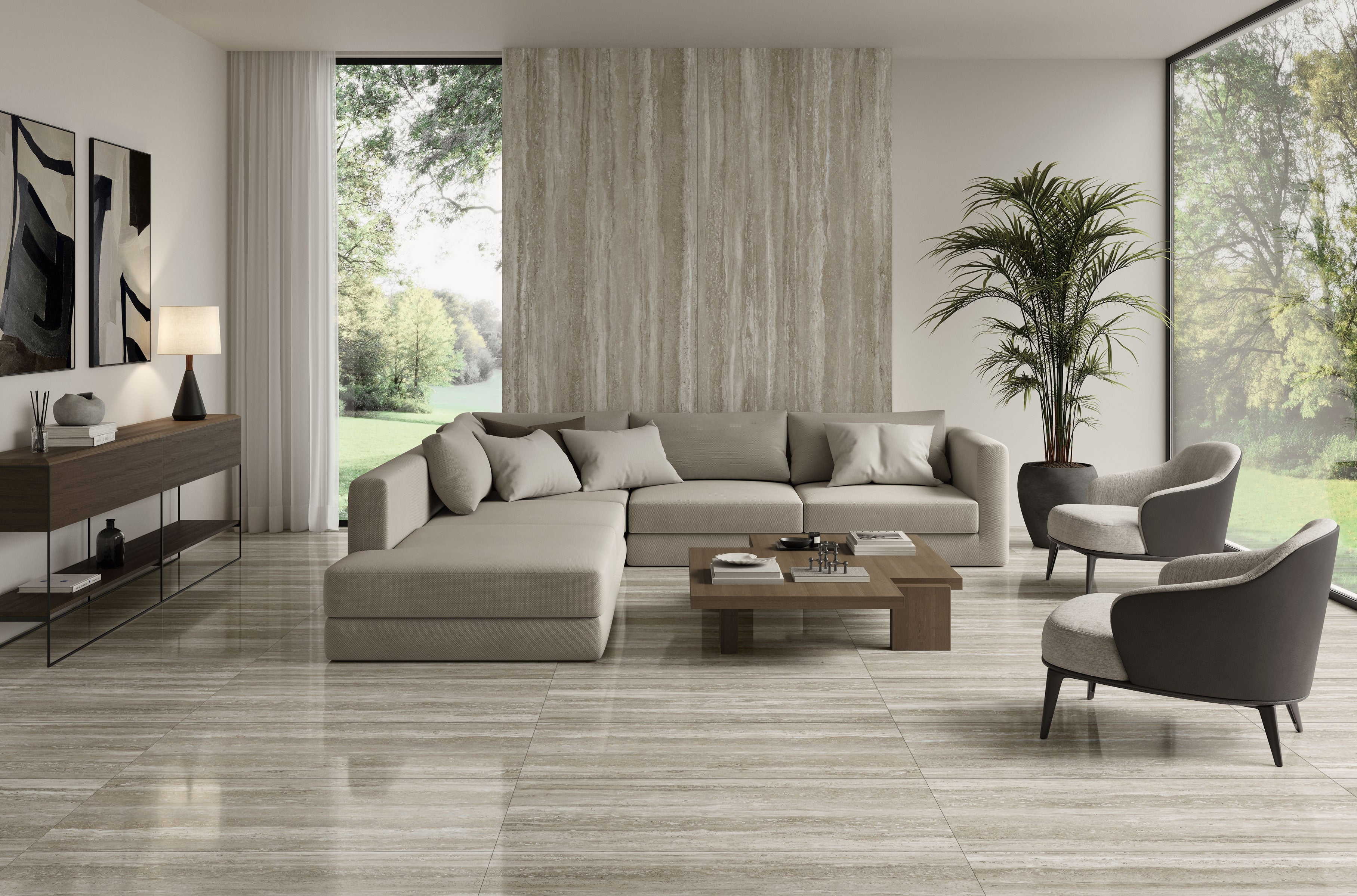 Travertine 24x48 Polished Porcelain Tile in Silver