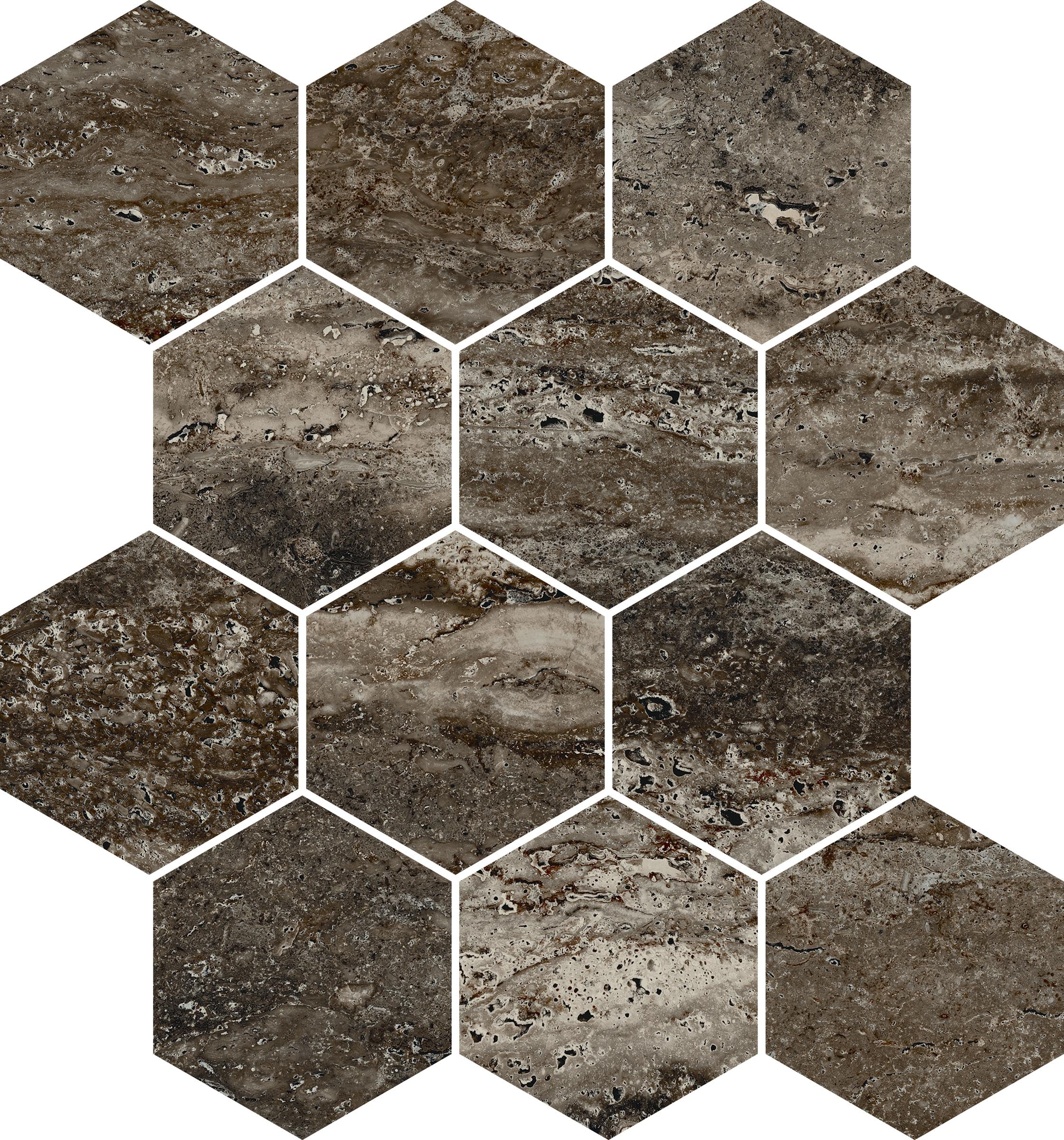 Travertine 3x3 Polished Porcelain Hexagon Mesh Mosaic Tile in Titanium