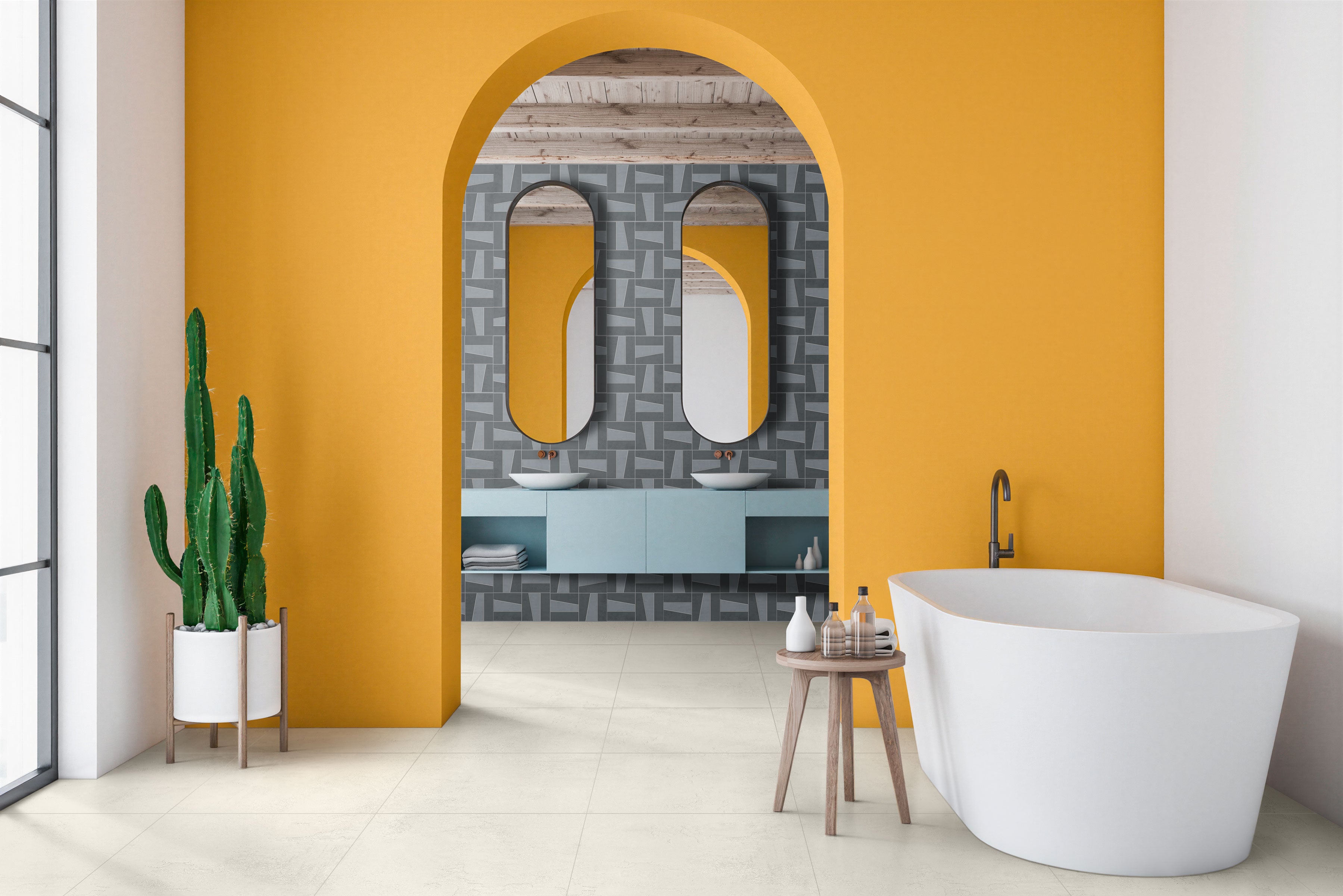 the color 『TWENTY NINE』 ゴールド×デミ Daydream™ 24x24 Matte Porcelain Tile in Mist – MILE®stone
