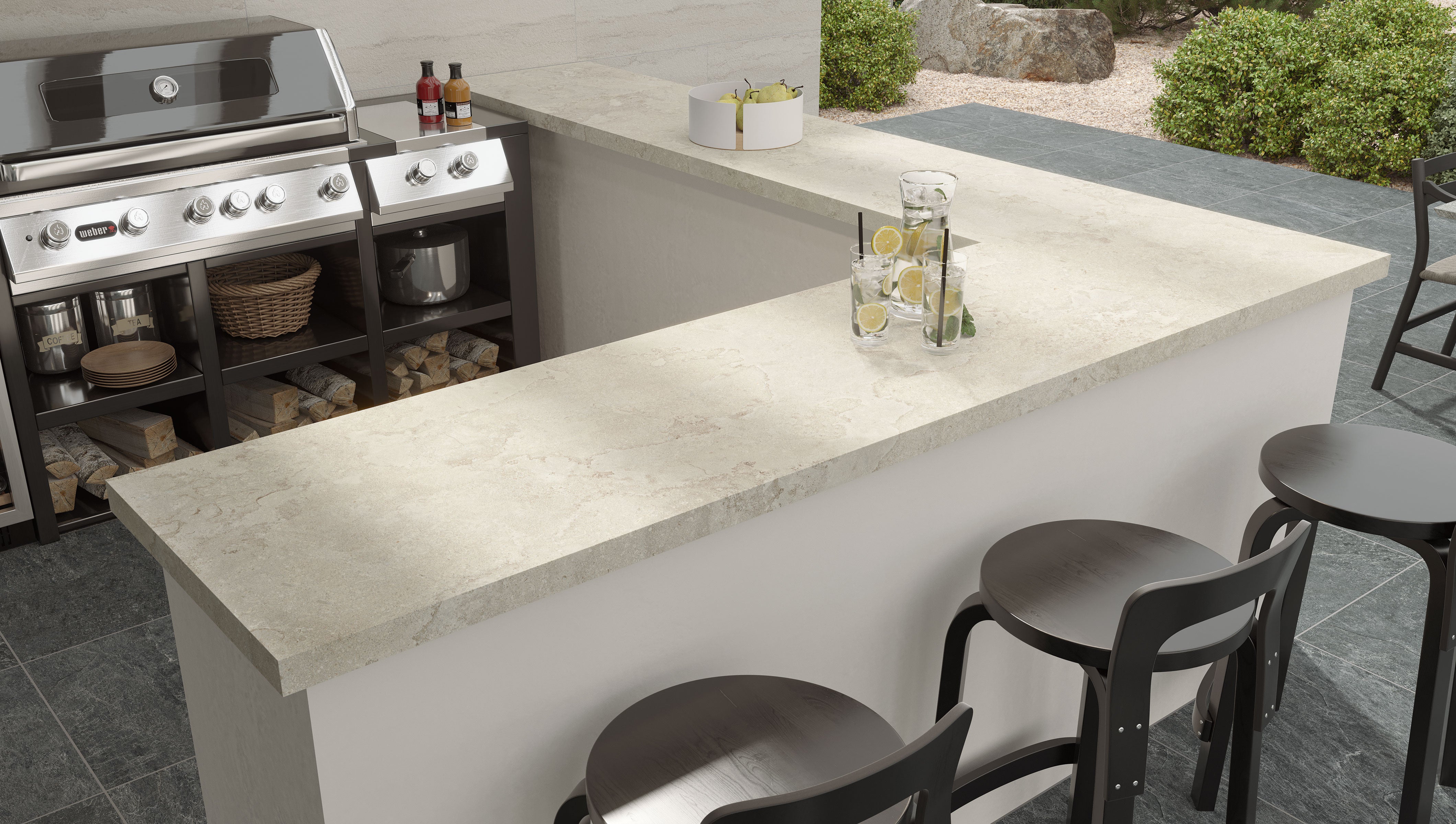 EcoStone Pre-Fab 25.5x96 L-Shaped Top Matte Porcelain Tile in Cross-Cut Fog