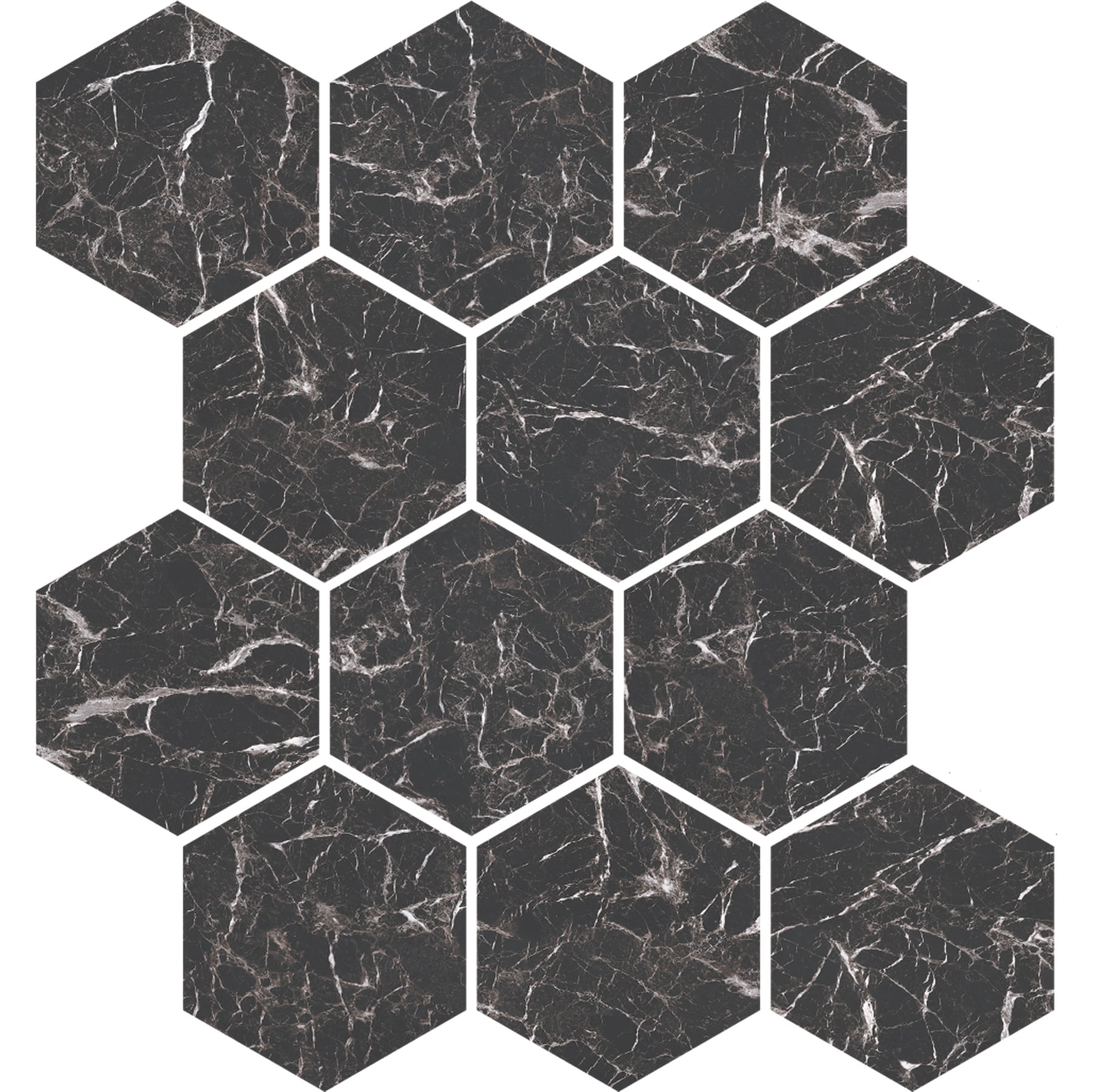 Marbles 3x3 Polished Porcelain Hexagon Mesh Mosaic Tile in Marmo Nero