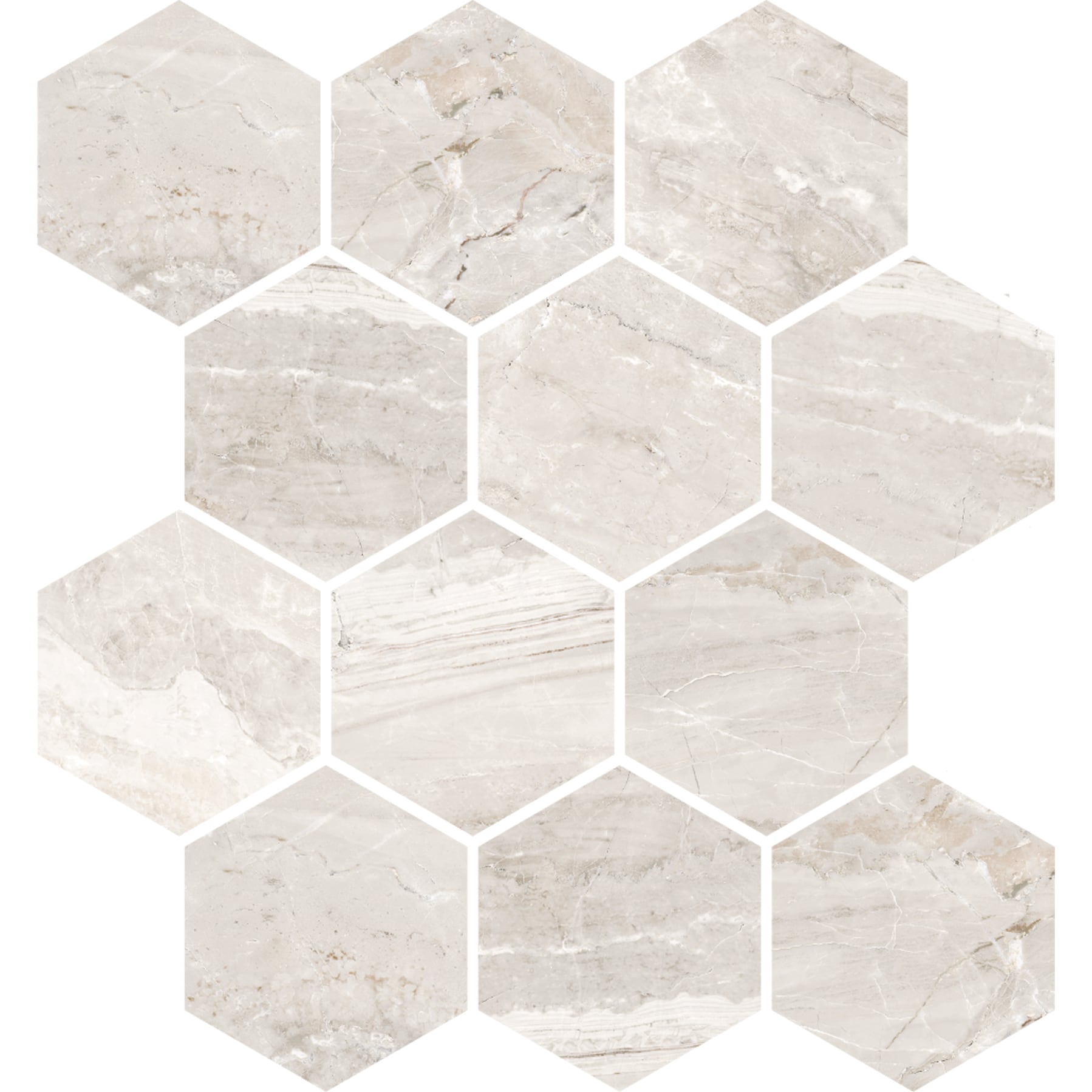 Marbles 3x3 Polished Porcelain Hexagon Mesh Mosaic Tile in Oniciata Ivory