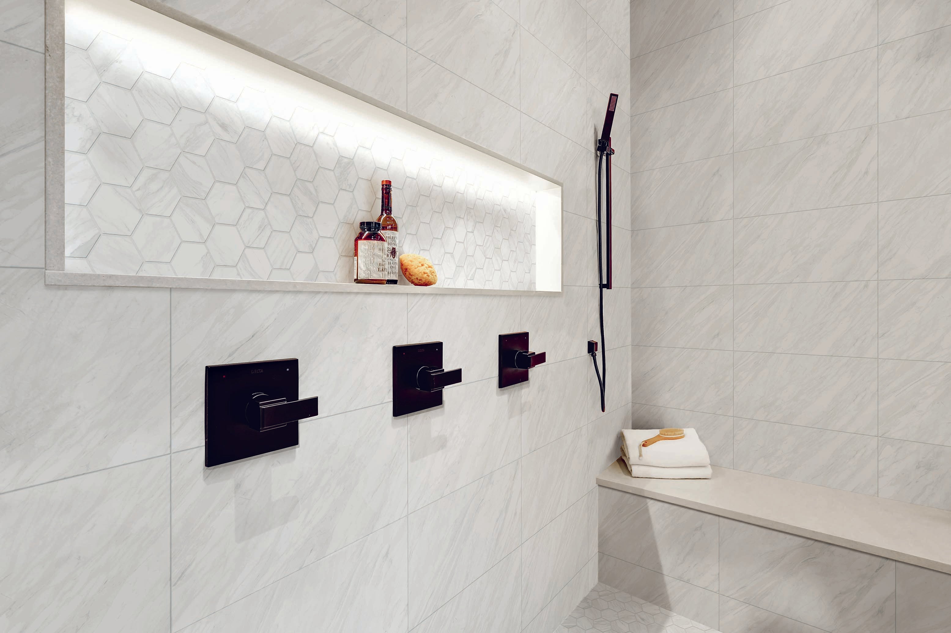 Marbles 3x3 Matte Porcelain Hexagon Mesh Mosaic Tile in Volakas Silk