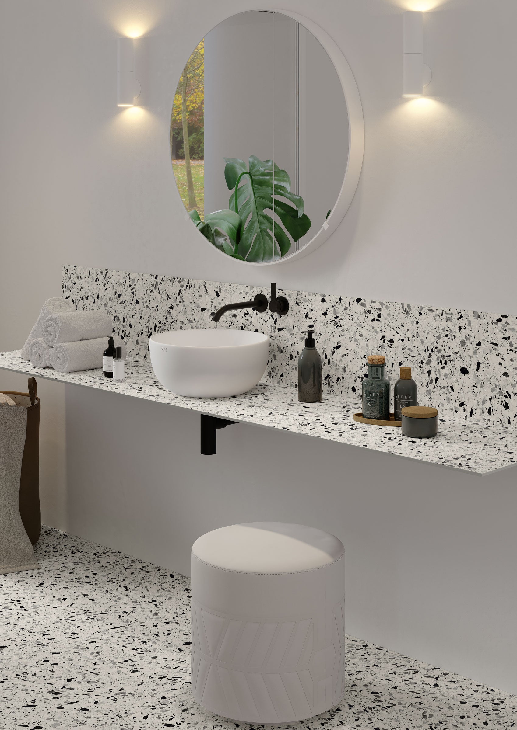 Terrazzo Allure™ Pre-Fab 32x96 Shark Nose Top Matte Porcelain Tile in Dalmatian