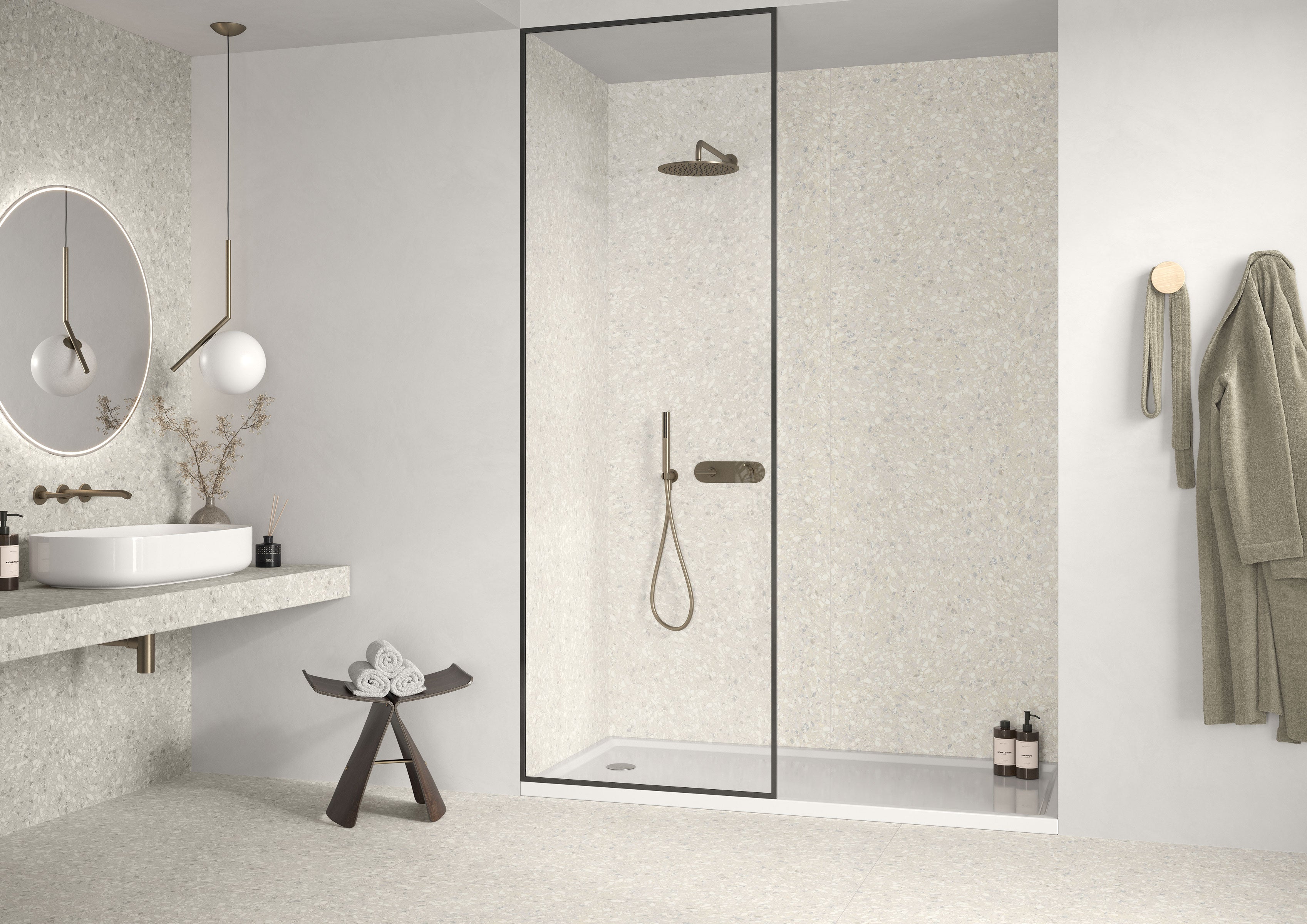 Terrazzo Allure™ Pre-Fab 32x96 Matte Porcelain Tile in Eggshell