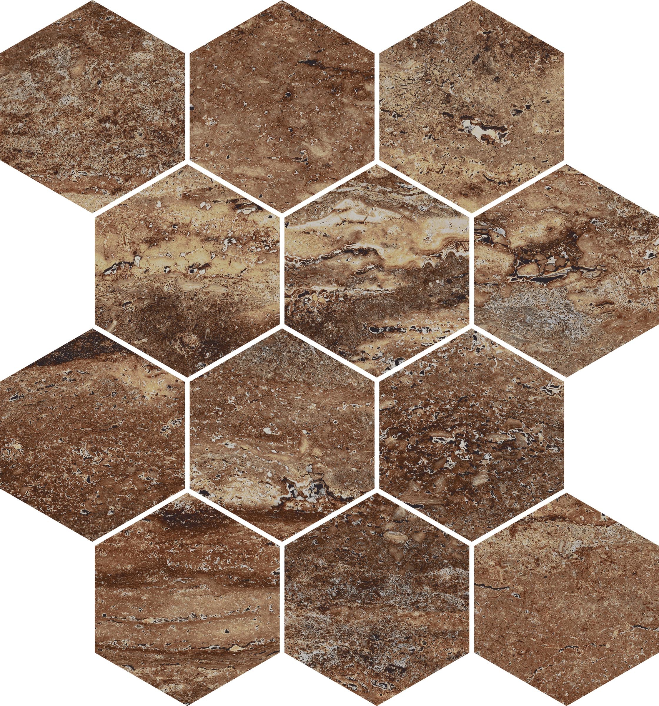 Travertine 3x3 Polished Porcelain Hexagon Mesh Mosaic Tile in Bold