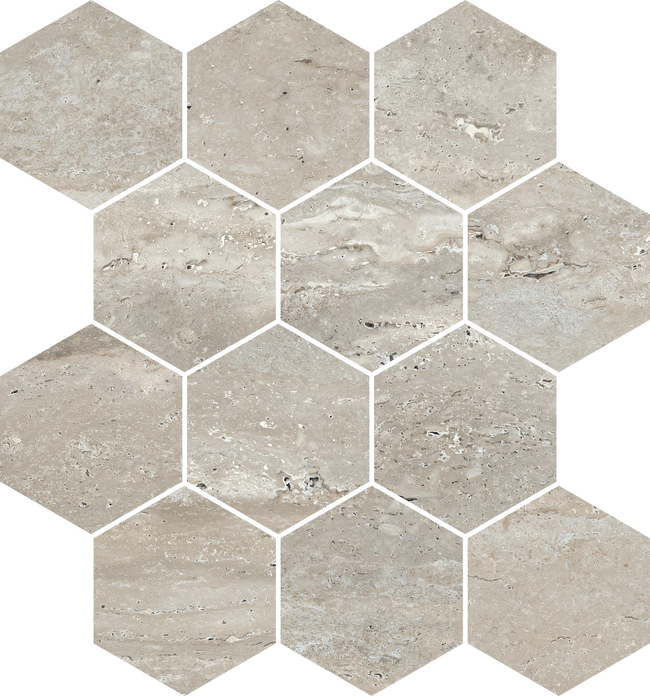 Travertine 3x3 Polished Porcelain Hexagon Mesh Mosaic Tile in Silver