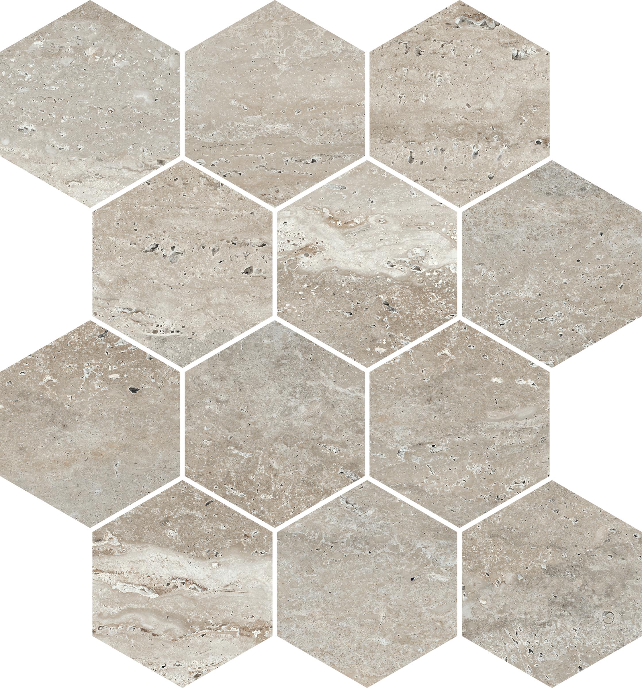 Travertine 3x3 Polished Porcelain Hexagon Mesh Mosaic Tile in Silver