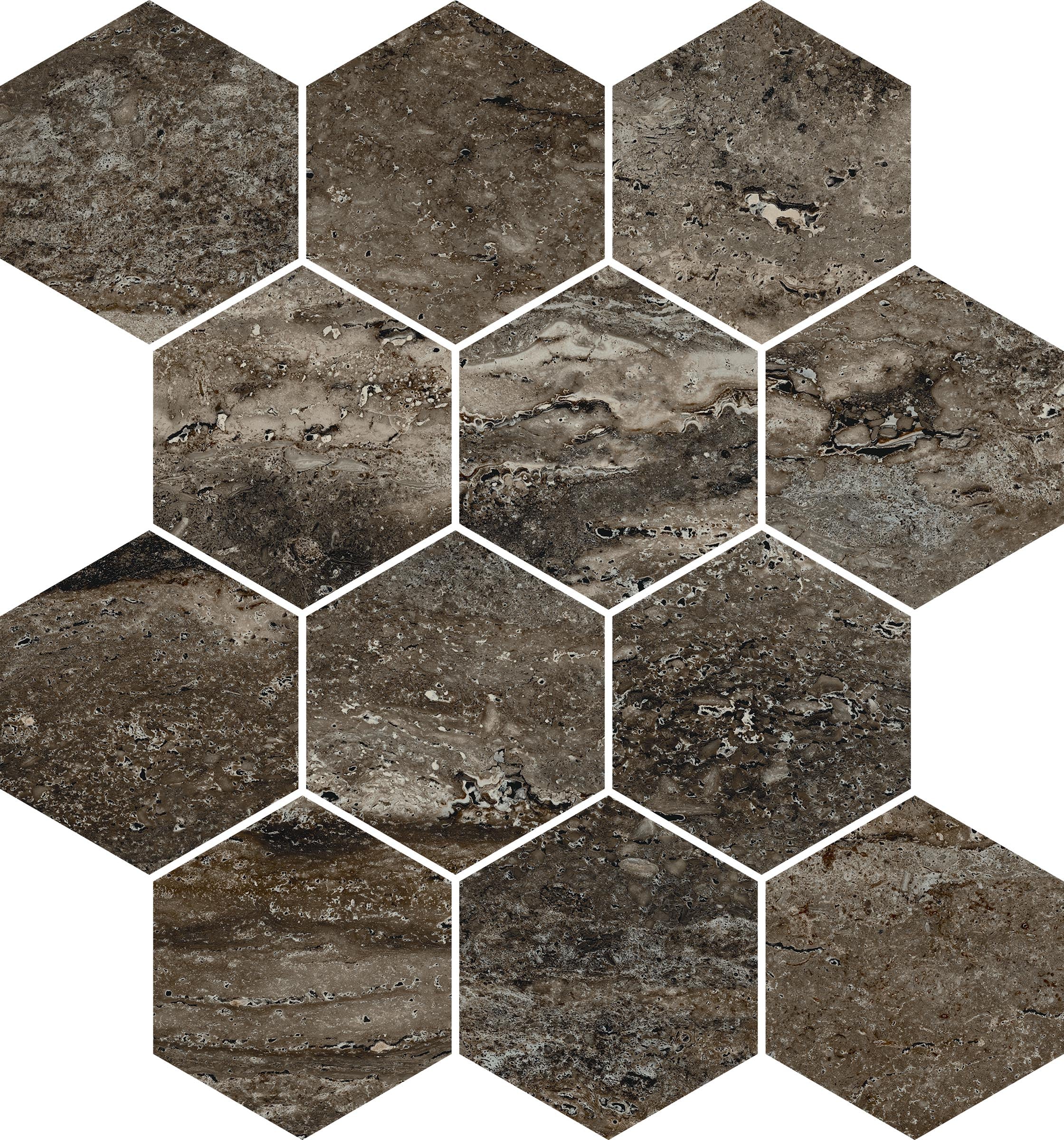 Travertine 3x3 Polished Porcelain Hexagon Mesh Mosaic Tile in Titanium